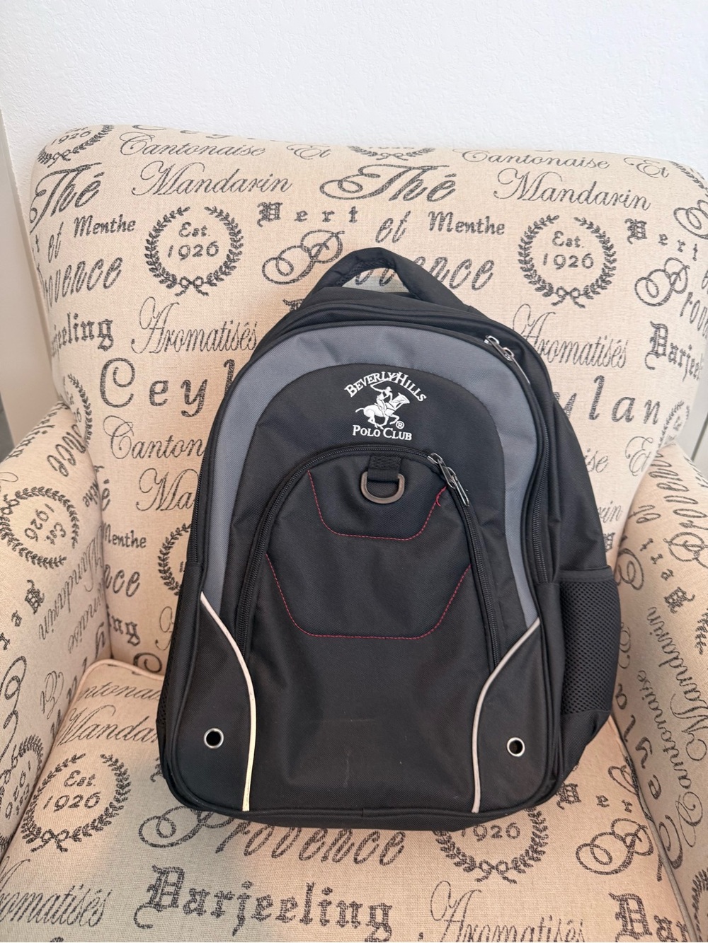 Beverly Hills Polo Club Black and Gray Men's Backpack with Red Stitching